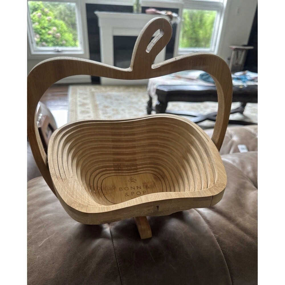 Apple Shaped Folding Collapsible Wooden Basket Fruit Bowl Decor 12" x 15"
